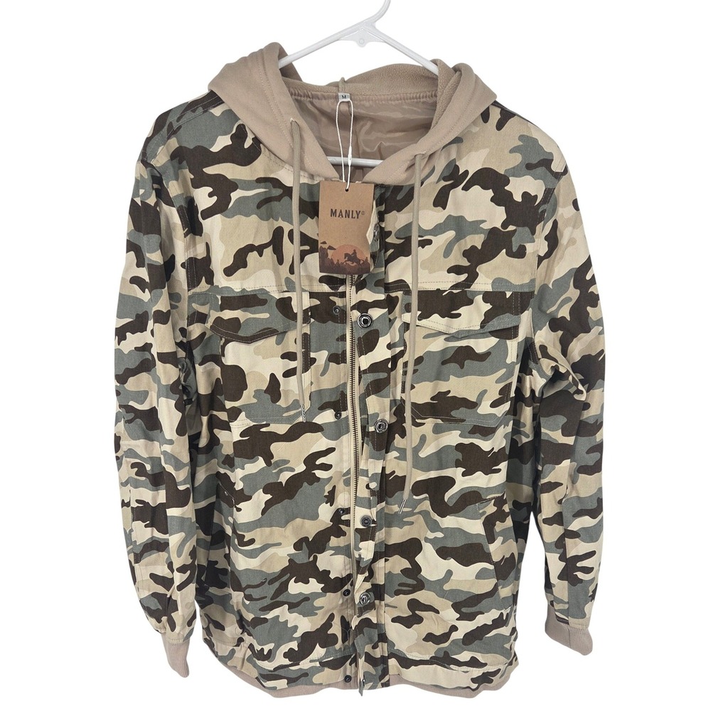 MANLY Camouflage Hooded Utility Jacket Men's Size Medium Zip Front Pockets